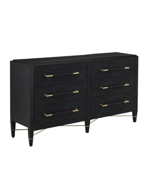 Currey & Company Verona Black Six-drawer Chest: Elegant Mahogany Design With Glamorous Champagne Accents And Luxury Touches Black Lacquered Linen ,Mahogany ,Engineered Wood ,Metal ,Faux Velvet 3000-0332-currey-company