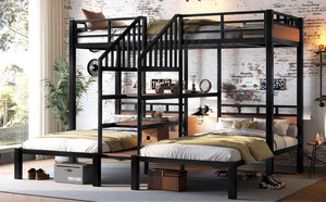 English Elm Twin Triple Bunk Bed Black Metal Frame with Built-in Storage Stairs and Shelves W1580S00619