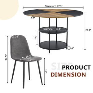 English Elm Table and Chair Set Sunburst Mdf Round Dining for Six with Dual Shelf Black Metal Legs W1151S03850