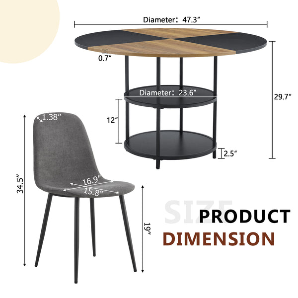 English Elm Table and Chair Set Sunburst Mdf Round Dining for Six with Dual Shelf Black Metal Legs W1151S03850