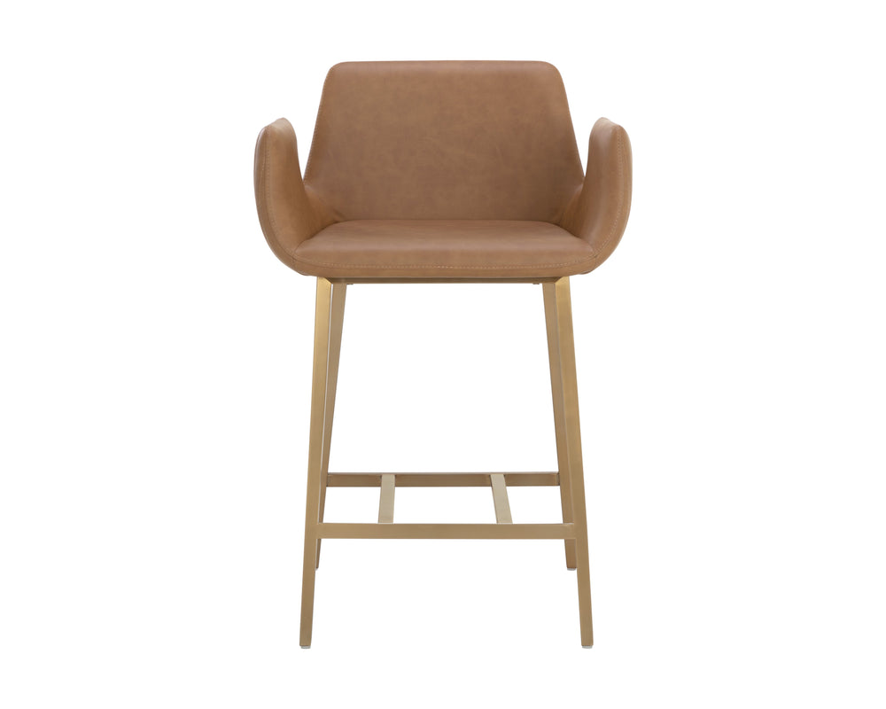 Sunpan Lucano Counter Stool - Elegant Milliken Cognac Faux Leather With Gold Stainless Steel Legs Brown Faux Leather 111122