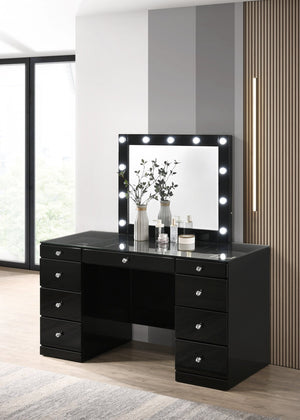English Elm 3pc Vanity Set LED Lighted Mirror Glass Top with 9-Drawer Storage, Crystal Knobs & Swivel Stool Black 59.96 L x 25.87 W x 2 H B2741S00141