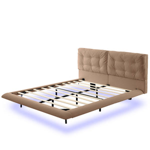 English Elm Christopher Knight Home® - Queen Plush Leather Upholstered Bed Frame with Wingback Headboard, Wavy Footboard, Quiet Support khaki 37.59 L x 32.25 W x 13 H N761S0000022M