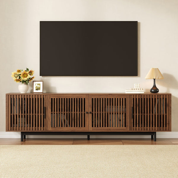 English Elm 78 Inch Walnut Media Console with Slatted Doors Solid Wood Legs and Cable Management N710P374706P
