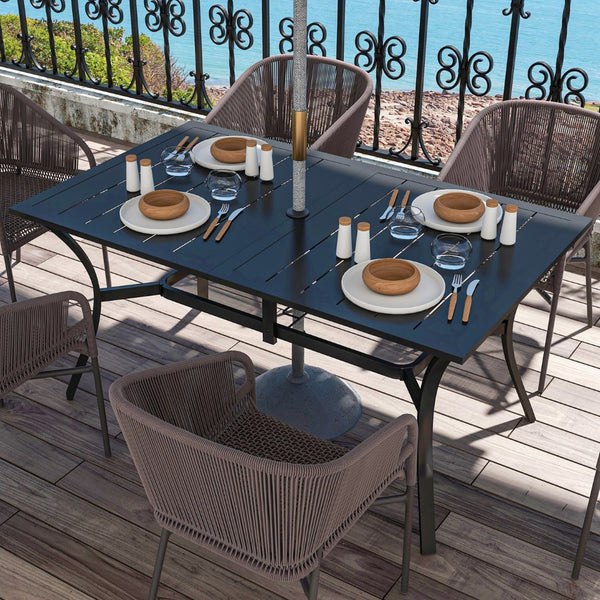 English Elm Outsunny Sturdy Steel Outdoor Dining Table For 6, Modern Patio Table With Umbrella Hole, Black Finish W2225P174361-GIGA