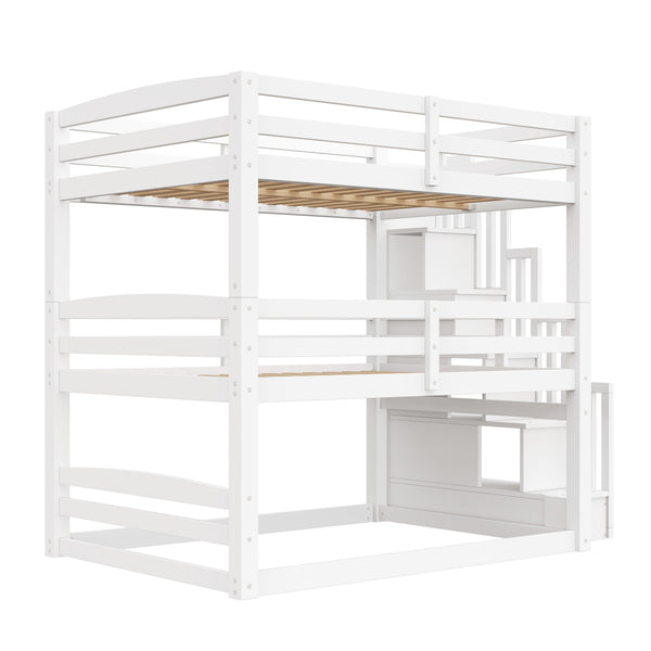 English Elm Full Size Triple Bunk Bed Solid Pine Frame with Storage Staircase Separate Convertible Design White N7090000477K