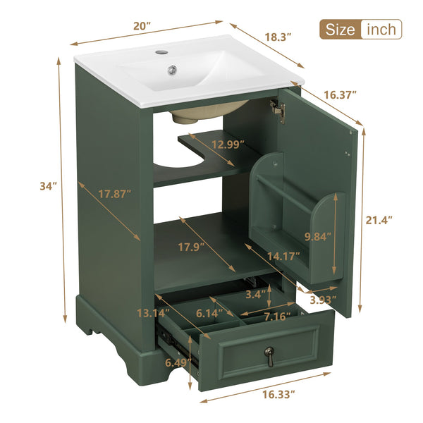 English Elm 20 Inch Bathroom Vanity with Ceramic Sink, Soft-Close Door, Adjustable Shelf, Smart Storage Organizing Design Green N729P299505F