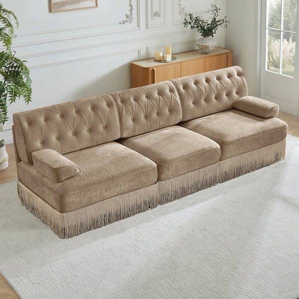 English Elm 3-seater Velvet Sofa with Button Tufting Tassel Fringe Skirt Modular Living Room Design Camel W714S01696