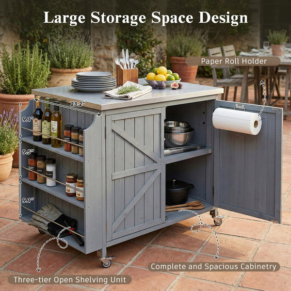 English Elm K&k Rolling Outdoor Kitchen Island Solid Fir Wood Stainless Steel Top Storage Cabinet Grey+Blue N707P370287G