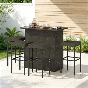 English Elm Bar Height Outdoor Wicker Patio Set with Tempered Glass Table and Four Stools Dark Brown T3971S00212