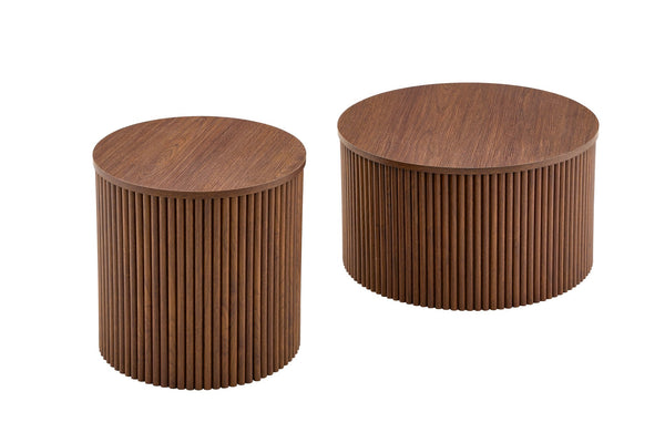 English Elm 2-piece Round Nesting Tables with Fluted Column Base Hidden Storage Oak Grain Finish Walnut W3875P396845