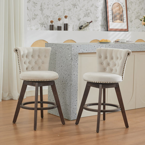 English Elm 26" Velvet Swivel Counter Stools Set of 2 with Tufted Back, Foam Cushion & Solid Wood Legs Beige W1143P362518