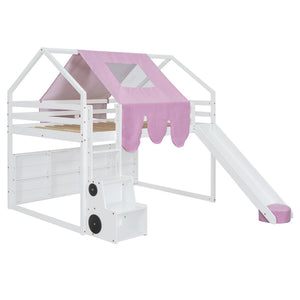 English Elm Full Size Kids House Loft Bed Pinewood Frame with Tent Slide and Play Storage White LT000683AAK
