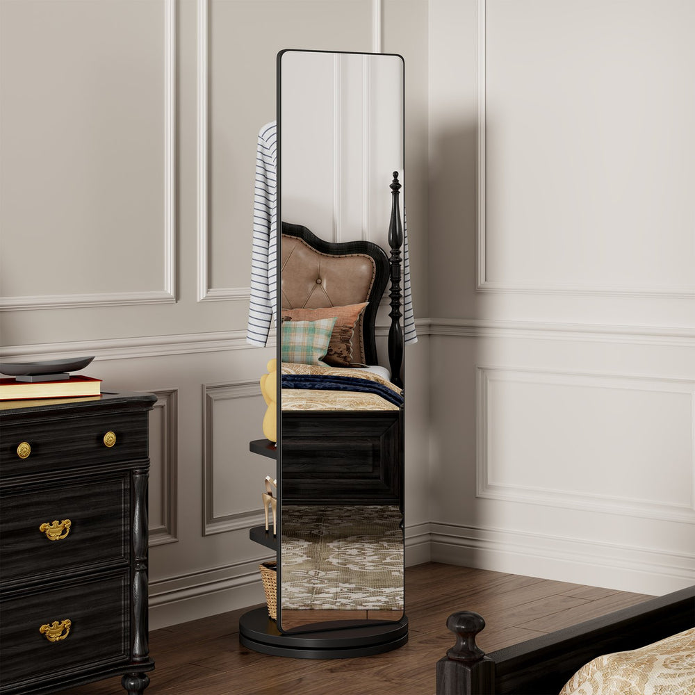 English Elm 360° Swivel Full Length Mirror with Coat Hooks Solid Rubberwood Frame Bedroom Entryway W2987P225480