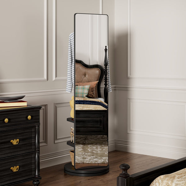 English Elm 360° Swivel Full Length Mirror with Coat Hooks Solid Rubberwood Frame Bedroom Entryway W2987P225480