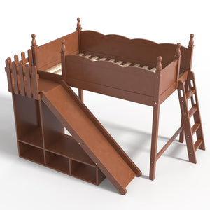 English Elm Twin Loft Bed Solid Pine Frame with Wardrobe Shelving Detachable Slide Kids Room Antique Natural W5305S00020