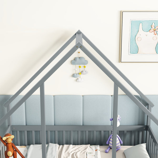 English Elm Twin Wood House-Shaped Floor Bed with Fence and Guardrails – Playful Pine Frame for Imaginative Kids Retreat Grey W504P143289