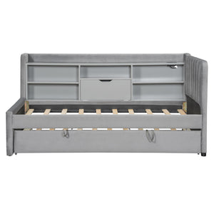 English Elm Twin Upholstered Daybed with Pull-Up Trundle, Velvet High Back with Shelves, Flip Storage & USB Gray SF000194AAE