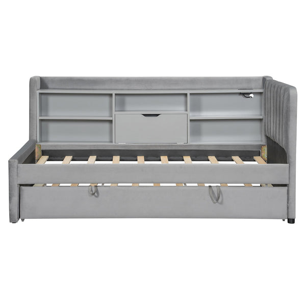 English Elm Twin Upholstered Daybed with Pull-Up Trundle, Velvet High Back with Shelves, Flip Storage & USB Gray SF000194AAE