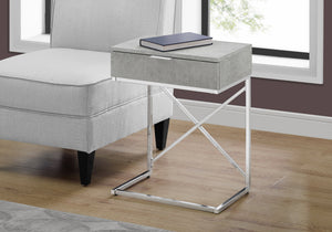 English Elm Accent Table - Modern Grey Laminate Nightstand With Chrome X-Frame And Storage Drawer For Versatile Use B2710P219297