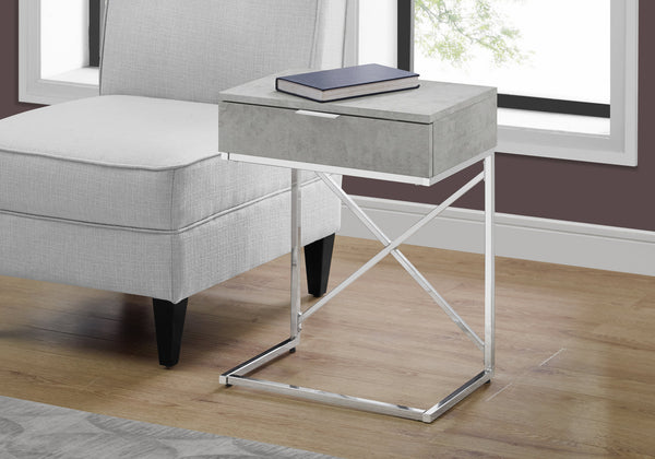 English Elm Accent Table - Modern Grey Laminate Nightstand With Chrome X-Frame And Storage Drawer For Versatile Use B2710P219297