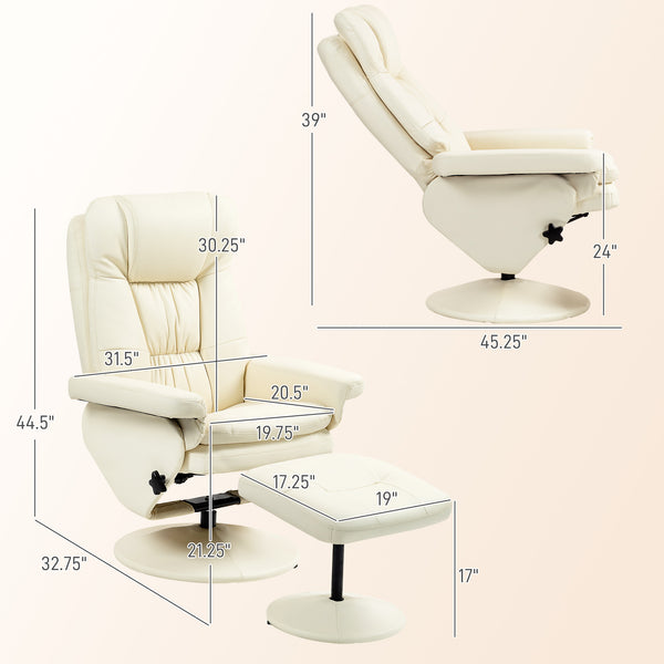 English Elm HOMCOM Plush PU Leather Swivel Recliner with Ottoman, 360° Rotating Relaxing Chair with Footrest and Adjustable Backrest for Living Room Office Comfort Cream White W2225P217429