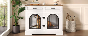 English Elm 43.3" Farmhouse Mdf Dog Crate Console with Drawers and Rotating Bowls for Large Breeds N704P414598A