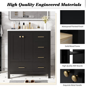 English Elm 30'' Elegant Freestanding Bathroom Vanity With Ceramic Sink, Soft-Close Drawers & Timeless Black Finish N710P194420B