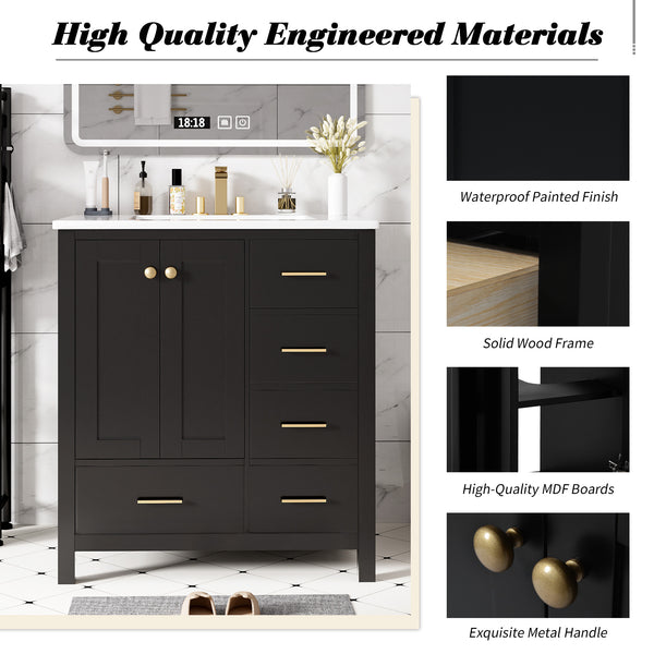 English Elm 30'' Elegant Freestanding Bathroom Vanity With Ceramic Sink, Soft-Close Drawers & Timeless Black Finish N710P194420B