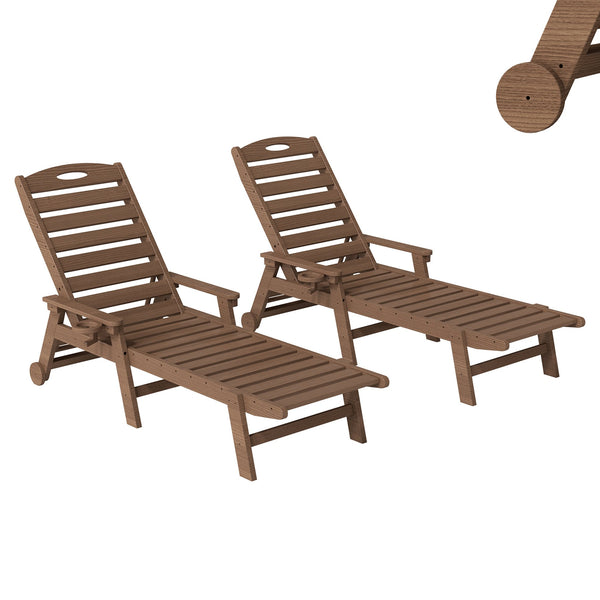 English Elm Patio Hdpe Chaise Lounge Outdoor Reclining Poolside Chair with Built-in Cup Holder Brown W1859P478597