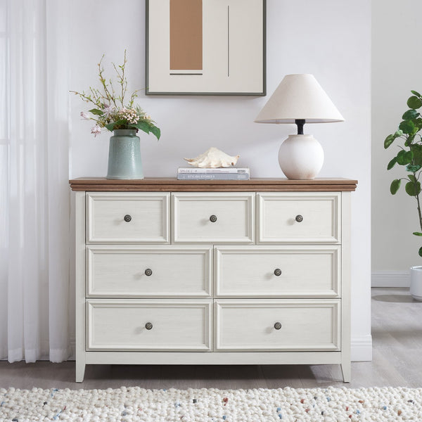 English Elm Modern 7 Drawers Cabinet with Smooth Glide Drawers, Metal Handles & Unique Feet—Slim Farmhouse Storage Tall Chest W2275P233489