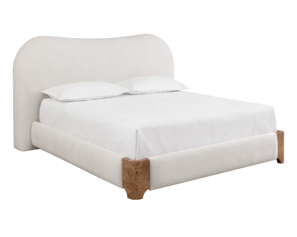 Sunpan KNOWLES Bed - King Size in Eclipse White - Elegant Curved Design with Unique Maple Burl Accents 112131