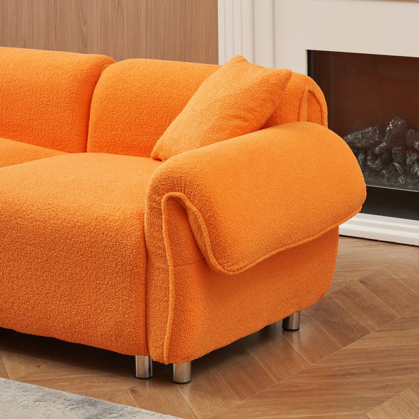 English Elm 112 Plush Teddy Velvet Sofa 112" x 38.2" x 28.3" with Metal White Legs, 3-Person Seating, 3 Pillows, 500lb Capacity Orange W1278S00047