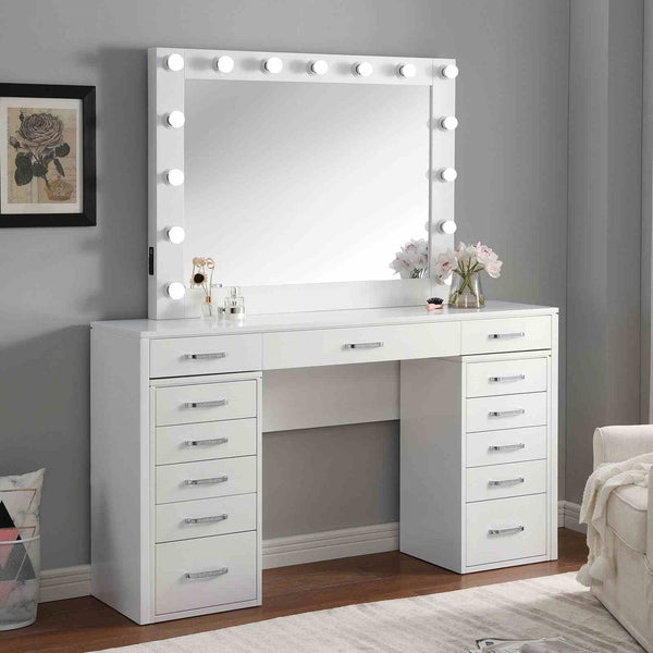 English Elm Glam Elegant Vanity Set with LED Mirror, Plush Stool, Ample Storage, Felt-Lined Drawers, Chic Finish White 68 L x 22 W x 11 H B2741S00686