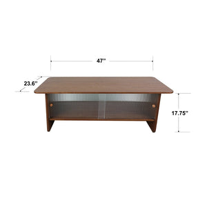 English Elm 47"rectangular Coffee Table Fluted Glass Sliding Doors Retro Wood Grain Living Room Storage Brown W3935P408518