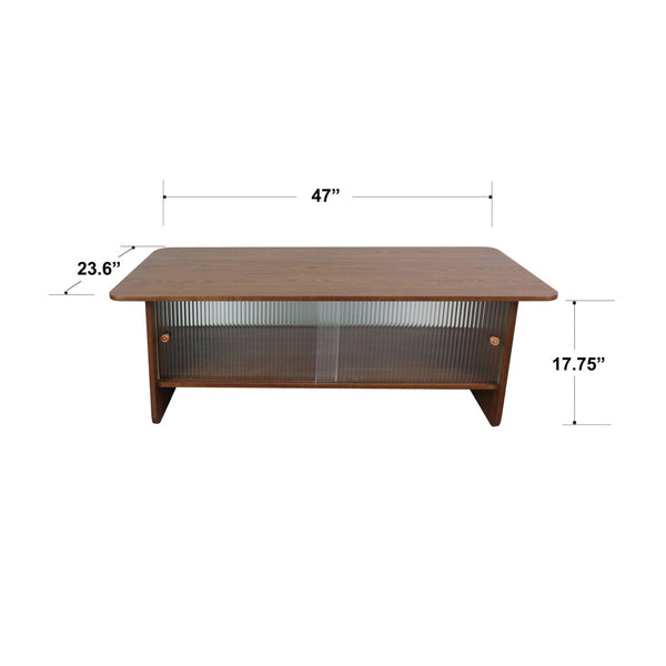 English Elm 47"rectangular Coffee Table Fluted Glass Sliding Doors Retro Wood Grain Living Room Storage Brown W3935P408518