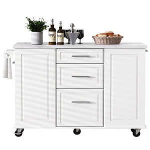 English Elm K&K Vintage Convex Kitchen Island Cart with Faux Marble Top, Tilt Trash, Pull-Out Organizer, Wheels White N707P299008W