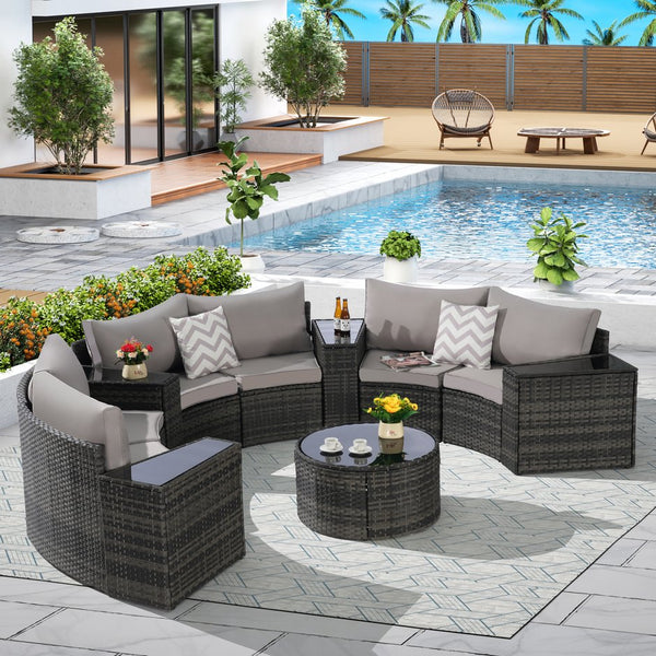 English Elm Outdoor Half Moon Sectional Sofa Set with Woven Rattan Frame and Tempered Glass Table Light Gray W874S00046