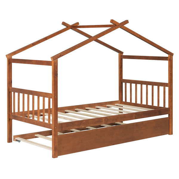 English Elm Twin House Bed with Pull Out Trundle Solid Pine Wood Frame Walnut Kids Room N708P309238L