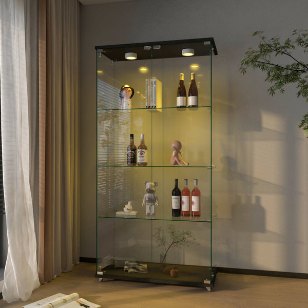 English Elm Modern Tempered Glass Display Cabinet With Led Lights - 2-Door, 4-Shelf Antique Style For Home & Retail W241S00055