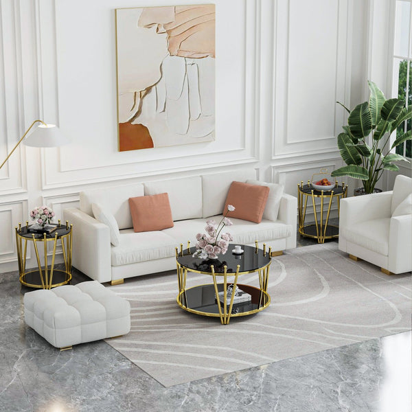 English Elm 19.69inch Gold Round Coffee Table with Crown Frame, 8mm Tempered Glass, Stainless Steel Base, Chic Storage Black W1550P171469