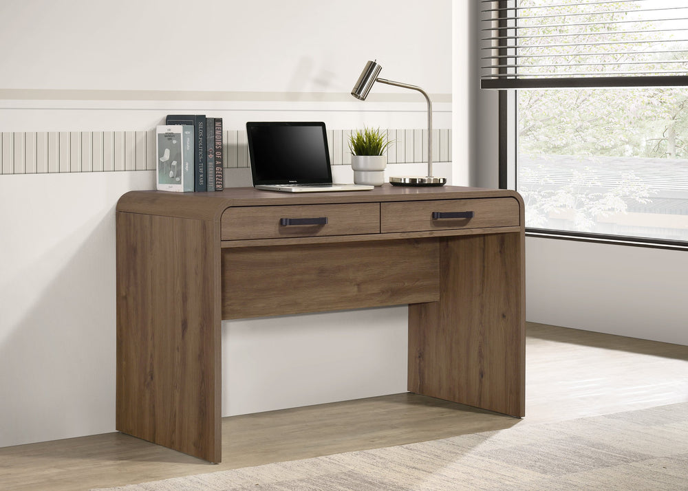 English Elm 1pc Wooden Writing Desk Dual Drawers Matte Black Pulls Light Brown Home Office B2741P482241