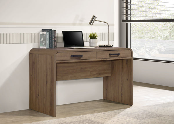 English Elm 1pc Wooden Writing Desk Dual Drawers Matte Black Pulls Light Brown Home Office B2741P482241