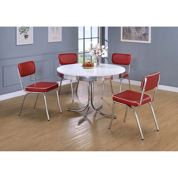 English Elm Parlisse Retro White 5-Piece Round Dining Set with Chrome Base, Leatherette Piping Chairs — Chic Vintage Appeal B062S00967