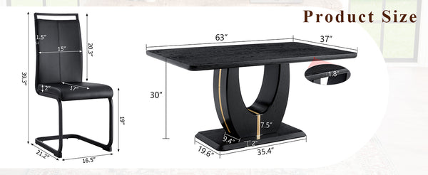 English Elm Black Wood Grain Rectangular Dining Set Seats 6 with Pu Leather Chairs Modern Style W1151S04440