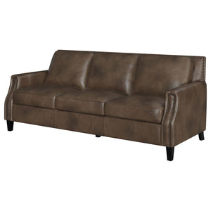 English Elm Gunderson Brown Sugar Top Grain Leather Sofa with Hammered Brass Nailheads, Track Arms, 83" Wide B062P357809