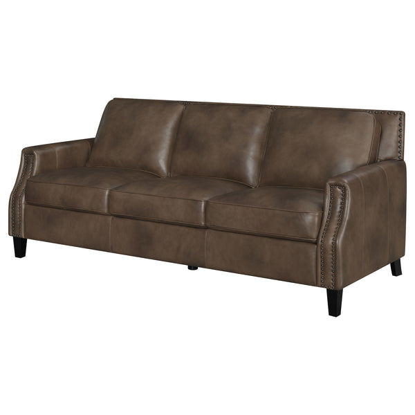 English Elm Gunderson Brown Sugar Top Grain Leather Sofa with Hammered Brass Nailheads, Track Arms, 83" Wide B062P357809