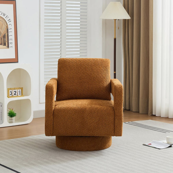 English Elm 29.13" Swivel Accent Chair — Modern Bouclé Rotating Lounge Chair with Removable Cushion, Solid Wood Frame, Cozy Design Caramel W1852P211990