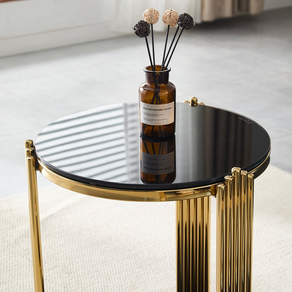 English Elm 16.9inch Round End Table Dual Tier Black Tempered Glass Gold Steel Frame Modern Accent W3357P395504