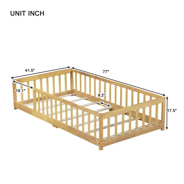 English Elm Twin Size Rubberwood Floor Bed with Safety Fence for Toddler Rooms Natural Finish W504P370528